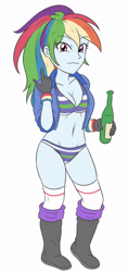 Size: 1374x2900 | Tagged: safe, artist:sumin6301, rainbow dash, human, equestria girls, g4, 2d, ankles, belly button, boots, bottle, breasts, busty rainbow dash, cleavage, clothes, drink, gloves, jacket, legs, looking at you, midriff, panties, ponytail, shoes, simple background, smiling, smiling at you, solo, striped bra, striped panties, striped underwear, thigh highs, thighs, underwear, white background, wristband