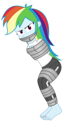 Size: 2300x4528 | Tagged: safe, artist:cardshark777, rainbow dash, equestria girls, g4, angry, arm behind back, barefoot, bondage, bound and gagged, clothes, digital art, feet, gag, helpless, looking at you, pants, rainbow dash is not amused, shirt, simple background, solo, tape, tape bondage, tape gag, tied up, toe tied, toes, transparent background, unamused, white shirt