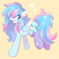 Size: 2000x2000 | Tagged: safe, artist:skysorbett, oc, oc only, pegasus, pony, blushing, butt, chest fluff, clothes, ear fluff, female, folded wings, freckles, high res, looking back, mare, pegasus oc, plot, signature, simple background, socks, solo, stars, tail, wings, yellow background