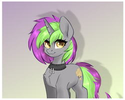 Size: 5000x4000 | Tagged: safe, artist:saidelqud, oc, oc only, oc:frenzy nuke, pony, unicorn, chest fluff, collar, gradient background, horn, solo