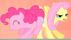 Size: 692x389 | Tagged: safe, screencap, fluttershy, pinkie pie, earth pony, pegasus, pony, g4, party of one, season 1, butt bump, duo, duo female, eyes closed, female, fluttershy is not amused, mare, out of context, smiling, unamused