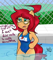 Size: 1336x1520 | Tagged: safe, artist:spk, oc, oc:vivian cereza, earth pony, pony, semi-anthro, breasts, clothes, female, glasses, japanese, legs in the water, milf, one-piece swimsuit, partially submerged, redhead, solo, swimsuit