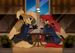 Size: 2700x1900 | Tagged: oc name needed, safe, artist:zlatavector, oc, oc only, oc:gwindi, oc:krien, griffon, clothes, commission, dialogue, female, griffon oc, male, size difference, talking