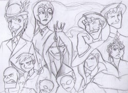 Size: 1140x831 | Tagged: safe, artist:suede-blade, diamond tiara, discord, flam, flim, gilda, nightmare moon, queen chrysalis, trixie, changeling, diamond dog, human, g4, black and white, brothers, facial hair, female, flim flam brothers, grayscale, horn, horned humanization, humanized, male, monochrome, siblings, simple background, traditional art, white background, winged humanization, wings