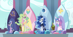 Size: 3652x1856 | Tagged: safe, artist:xxcheerupxxx, princess flurry heart, oc, oc:afterglow spark, oc:gloriax, oc:moon dusk, alicorn, changepony, hybrid, pony, g4, base used, female, height difference, interspecies offspring, mare, offspring, older, older flurry heart, parent:discord, parent:princess celestia, parent:princess luna, parent:thorax, parent:twilight sparkle, parents:discolight, parents:thoralestia, physique difference, throne