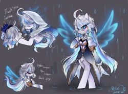 Size: 1024x752 | Tagged: safe, artist:petaltwinkle, earth pony, pony, unicorn, artificial wings, augmented, duo, eyes closed, female, focalors (genshin impact), furina (genshin impact), genshin impact, gray background, horn, magic, magic wings, mare, obtrusive watermark, ponified, simple background, smiling, solo focus, watermark, wingding eyes, wings