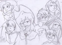Size: 1160x848 | Tagged: safe, artist:suede-blade, applejack, fluttershy, pinkie pie, rainbow dash, rarity, spike, twilight sparkle, human, g4, black and white, female, grayscale, horn, horned humanization, humanized, male, mane seven, mane six, monochrome, simple background, traditional art, white background, winged humanization, wings