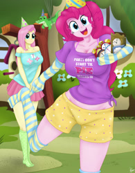 Size: 1280x1639 | Tagged: safe, artist:lennondash, fluttershy, gummy, pinkie pie, alligator, equestria girls, g4, happy birthday to you!, alarm clock, bare shoulders, breasts, busty fluttershy, busty pinkie pie, cleavage, clock, clothes, equestria girls interpretation, female, fluttershy's cottage, hat, looking at you, midriff, miniskirt, missing shoes, open mouth, open smile, party hat, pointing, polka dot socks, scene interpretation, shirt, shorts, skirt, smiling, socks, standing, standing on one leg, stocking feet, stockings, striped socks, t-shirt, thigh highs