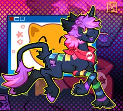Size: 2173x1961 | Tagged: safe, artist:nevgig, oc, oc only, oc:gameboy, pony, unicorn, art fight, bandana, black coat, chest fluff, coat markings, colored ears, colored hooves, colored mouth, colored sclera, curved horn, ear fluff, eyelashes, fangs, freckles, hooves, horn, leonine tail, long mane, long mane male, looking back, male, multicolored eyes, multicolored hooves, multicolored mane, neckerchief, open mouth, open smile, patterned background, profile, shiny horn, signature, smiling, solo, stallion, striped, stripes, tail, tail fluff, thin, two toned tail, unicorn horn, unicorn oc, unshorn fetlocks, walking, wingding eyes, yellow sclera, zoom layer