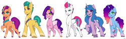 Size: 5579x1714 | Tagged: safe, artist:xiaowu07, hitch trailblazer, izzy moonbow, misty brightdawn, pipp petals, sunny starscout, zipp storm, earth pony, pegasus, pony, unicorn, g5, my little pony: tell your tale, coat markings, diverse body types, ear piercing, eyebrows, female, folded wings, height difference, hooves, horn, looking at you, male, mane five, mane six (g5), mane stripe sunny, mare, open mouth, pale belly, physique difference, piercing, pipp is short, raised hoof, rebirth misty, simple background, skinny pipp, slender, smiling, socks (coat markings), stallion, thin, white background, wings