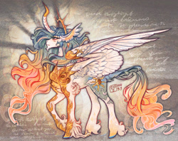 Size: 1772x1400 | Tagged: safe, artist:nevgig, princess celestia, pony, g4, abstract background, alternate cutie mark, alternate design, alternate mane color, alternate tail color, beard, chest fluff, chin fluff, colored hooves, concave belly, crooked horn, curved horn, ethereal mane, ethereal tail, eyebrows, eyebrows visible through hair, eyelashes, facial hair, female, fetlock tuft, glowing, halo, horn, horn cap, leg fluff, long horn, long legs, looking up, mare, multicolored coat, multicolored mane, multicolored tail, partially open wings, profile, raised hoof, redesign, signature, smiling, solo, standing, tail, wavy mane, wavy tail, wing ears, wing fluff, wings