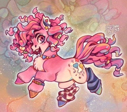 Size: 1504x1329 | Tagged: safe, artist:nevgig, pinkie pie, earth pony, pony, g4, abstract background, alternate design, alternate eye color, alternate hairstyle, alternate mane color, alternate tail color, alternate tailstyle, beauty mark, bracelet, chest fluff, chubby, clothes, colored belly, colored ears, curly mane, curly tail, ear piercing, earring, eyelashes, facial markings, fat, female, hooves, jewelry, leg warmers, looking at you, looking back, mare, mealy mouth (coat marking), mismatched socks, multicolored hooves, multicolored mane, multicolored tail, necklace, open mouth, open smile, outline, pale belly, piercing, pink coat, pink eyes, pink mane, pink tail, profile, pudgy pie, shiny hooves, short, short mane, signature, smiling, smiling at you, socks, solo, tail, teeth, tied mane, tied tail, wingding eyes, zoom layer