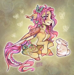 Size: 1491x1521 | Tagged: safe, artist:nevgig, angel bunny, fluttershy, butterfly, pegasus, pony, rabbit, g4, abstract background, alternate color palette, alternate eye color, alternate hairstyle, alternate tailstyle, animal, blaze (coat marking), braid, braided tail, coat markings, colored belly, colored hooves, colored pinnae, colored wings, colored wingtips, duo, duo male and female, ear piercing, earring, eye clipping through hair, eyebrow piercing, eyebrow slit, eyebrows, eyelashes, facial markings, female, floppy ears, glowing, hair accessory, hairclip, jewelry, looking at someone, male, mare, mealy mouth (coat marking), multicolored wings, outline, pale belly, partially open wings, piercing, pink eyes, profile, raised hoof, safety pin, shiny hooves, signature, sitting, smiling, tail, wings, yellow coat