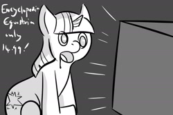 Size: 1800x1200 | Tagged: safe, artist:underwoodart, derpibooru exclusive, twilight sparkle, g4, book, derp, doodle, drool, gray background, grayscale, monochrome, simple background, television, text, that pony sure does love books