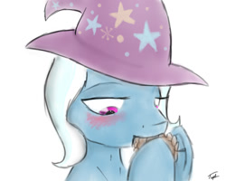 Size: 1280x1024 | Tagged: artist needed, safe, trixie, pony, unicorn, g4, blushing, hat, horn, pinecone, signature, simple background, trixie eating pinecones, white background