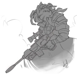 Size: 540x533 | Tagged: safe, artist:atryl, oc, oc only, zebra, anthro, fallout equestria, dreadlocks, gun, male, monochrome, rifle, simple background, sketch, sniper rifle, solo, weapon, white background
