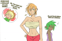 Size: 1280x852 | Tagged: safe, artist:artiedrawings, applejack, big macintosh, spike, human, ask a bishonen pony, g4, applejack (male), ask, barb, big breasts, breast binding, breasts, busty big macintosh, busty boy, busty macareina, dialogue, female, humanized, intersex, macareina, rule 63, simple background, tumblr, white background