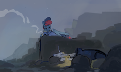 Size: 1280x762 | Tagged: safe, artist:megalura, oc, oc only, pegasus, pony, unicorn, fallout equestria, clothes, crying, duo, floppy ears, horn, jumpsuit, looking down, lying down, night, prone, vault suit, wasteland