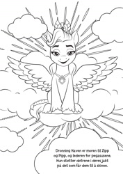 Size: 1291x1820 | Tagged: safe, egmont, queen haven, pegasus, g5, my little pony: make your mark, official, 2d, cloud, coloring book, coloring page, looking at you, merchandise, norway, norwegian, page, sitting, smiling, smiling at you