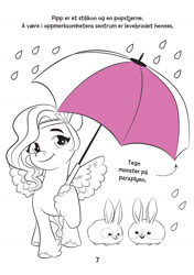 Size: 1278x1820 | Tagged: safe, egmont, pipp petals, bunnycorn, pegasus, rabbit, g5, my little pony: make your mark, official, 2d, adorapipp, coloring book, coloring page, cute, merchandise, norway, norwegian, rain, smiling, standing, umbrella