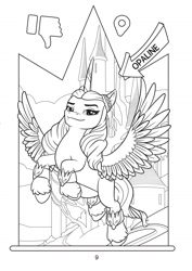 Size: 1285x1820 | Tagged: safe, egmont, opaline arcana, alicorn, pony, g5, my little pony: make your mark, official, 2d, coloring book, flying, looking at you, merchandise, norwegian, opaline's dark castle, smiling, smiling at you, thumbs down