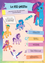Size: 1285x1820 | Tagged: safe, hitch trailblazer, izzy moonbow, misty brightdawn, pipp petals, sunny starscout, zipp storm, earth pony, pegasus, pony, unicorn, g5, my little pony: make your mark, official, 2d, activity book, cute, flying, horn, looking at you, looking away, mane five, mane six (g5), mistybetes, norwegian, one eye closed, rebirth misty, smiling, smiling at you, standing, wink, winking at you
