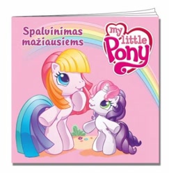 Size: 437x450 | Tagged: safe, egmont, sweetie belle (g3), toola-roola, g3, g3.5, official, bipedal, book, cover, lithuania, lithuanian, logo, merchandise, pink background, rainbow, simple background, smiling, standing, thinking
