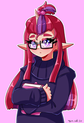 Size: 2784x4071 | Tagged: safe, artist:mylittleyuri, moondancer, human, g4, blushing, book, clothes, cute, dancerbetes, elf ears, female, heart, heart eyes, horn, horned humanization, humanized, pink background, simple background, solo, sweater, unicorns as elves, wingding eyes