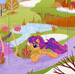 Size: 651x642 | Tagged: safe, scootaloo, scootaloo (g3), g3, g3.5, g4, official, book, bridge, chibi, cute, cutealoo, happy, lake, puzzle, running, scan, smiling, tree, water