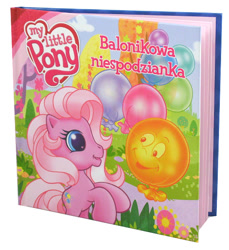 Size: 550x600 | Tagged: safe, pinkie pie (g3), g3, g3.5, official, balloon, book, book cover, cloud, cover, face, flower, happy, logo, photo, polish, sky, smiling, standing, tree