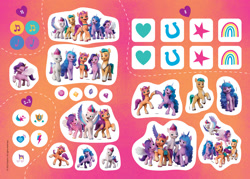 Size: 1820x1302 | Tagged: safe, egmont, hitch trailblazer, izzy moonbow, pipp petals, sunny starscout, zipp storm, earth pony, pegasus, pony, g5, my little pony: a new generation, book, flying, mane five, smiling, standing, sticker
