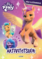 Size: 1286x1820 | Tagged: safe, egmont, cloudpuff, hitch trailblazer, izzy moonbow, sunny starscout, alicorn, dog, earth pony, pony, unicorn, g5, my little pony: a new generation, my little pony: make your mark, activity book, cgi, coloring book, cover, female, flying, horn, looking at you, mare, norwegian, open mouth, open smile, race swap, smiling, smiling at you, sunnycorn