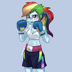 Size: 3000x3000 | Tagged: safe, artist:hexecat, rainbow dash, human, equestria girls, g4, abs, belly, belly button, biceps, blue background, boxing, boxing gloves, clothes, female, fit, midriff, mouth guard, muscles, ponytail, raised arms, raised fist, shorts, simple background, slender, solo, sports, sports bra, sports panties, standing, sweat, tank top, thin
