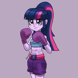 Size: 3000x3000 | Tagged: dead source, safe, artist:hexecat, sci-twi, twilight sparkle, human, equestria girls, g4, abs, belly, belly button, biceps, boxing, boxing gloves, clothes, female, fit, midriff, missing accessory, muscles, ponytail, raised arms, raised fist, shorts, slender, solo, sports, sports bra, sports panties, standing, sweat, thin