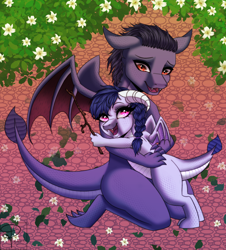 Size: 1804x2000 | Tagged: safe, artist:pearl123_art, oc, oc only, dragon, fanfic:the lost element, braid, braided ponytail, brother and sister, cute, dragon oc, dragoness, duo, fanfic art, female, hair, happy, hug, male, non-pony oc, parent:oc, parent:princess ember, parents:canon x oc, ponytail, siblings, stick