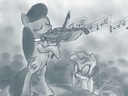 Size: 1400x1050 | Tagged: safe, artist:lostwolfen, dj pon-3, octavia melody, vinyl scratch, earth pony, pony, unicorn, g4, bipedal, comic, duo, eyes closed, female, horn, mare, monochrome, music, music notes, musical instrument, violin