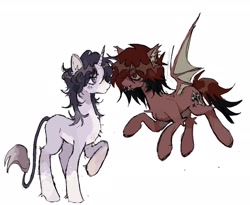 Size: 2048x1679 | Tagged: safe, artist:meatzgato, oc, oc only, bat pony, pony, unicorn, bat pony oc, duo, flying, horn, leonine tail, looking at each other, looking at someone, simple background, tail, white background