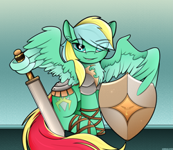 Size: 2313x2000 | Tagged: safe, artist:andaluce, oc, oc only, oc:typh, pegasus, pony, armor, colored wings, countershading, eye clipping through hair, eyebrows, eyebrows visible through hair, guard, lidded eyes, looking at you, male, roman, shield, solo, spread wings, stallion, sword, two toned wings, weapon, wing hands, wing hold, wings