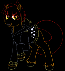 Size: 1650x1800 | Tagged: safe, artist:squeezymouse, derpibooru exclusive, derpy hooves, oc, oc only, oc:ciaran, black background, clothes, female, hoodie, hooves, lineart, mare, raised hoof, simple background, solo, tail, unshorn fetlocks