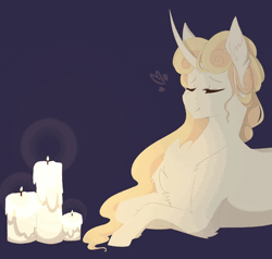 Size: 1200x1144 | Tagged: safe, artist:pixelberrry, oc, oc only, pony, unicorn, animated, candle, chest fluff, female, gif, horn, leg fluff, lying down, mare, prone, solo