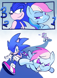 Size: 1489x2048 | Tagged: safe, artist:chipchapp, fluttershy, rainbow dash, chao, hedgehog, pegasus, pony, g4, 2 panel comic, clothes, comic, countdown, crossover, dialogue, female, flying, frown, gloves, gradient background, male, mare, race, running, shoes, smiling, sonic the hedgehog, sonic the hedgehog (series)