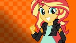 Size: 3840x2160 | Tagged: safe, artist:octosquish7260, sunset shimmer, human, equestria girls, g4, checkered background, female, gradient background, smiling, solo, wallpaper