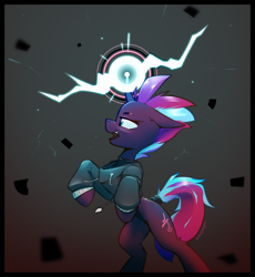 Size: 1398x1518 | Tagged: safe, artist:deafjaeger, oc, oc only, oc:tempest revenant, pony, unicorn, action pose, attack, bipedal, clothes, gradient background, hoodie, horn, looking at something, magic, open mouth, outfit, particles, solo, spell, standing, suit