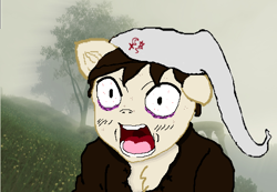 Size: 560x388 | Tagged: safe, artist:atomgatherer, oc, oc:atomtehtraveller, earth pony, anthro, anthro oc, bags under eyes, freckles, hat, oblivion, screaming, skooma addiction, solo, the elder scrolls, tired eyes