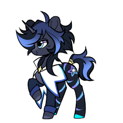 Size: 1000x1000 | Tagged: safe, artist:tresmariasarts, oc, oc only, oc:onyx star, bat pony, bat pony unicorn, hybrid, pony, unicorn, bat eyes, bat pony oc, cloak, clothes, colored hooves, colorful, fangs, gradient mane, gradient tail, heterochromia, horn, hybrid oc, leg stripes, male, simple background, smiling, solo, stallion, stars, stripes, tail, transparent background
