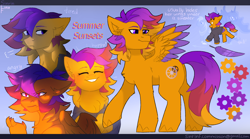 Size: 2700x1500 | Tagged: safe, artist:sinrinf, oc, oc only, oc:summer sunsets, pegasus, pony, angry, bust, claws, clothes, commission, emotions, feather, female, full body, gears, mare, portrait, reference sheet, smiling, solo, spread wings, sweater, wings, ych result