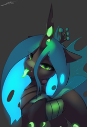 Size: 2000x2900 | Tagged: safe, artist:skitsroom, queen chrysalis, changeling, changeling queen, g4, bedroom eyes, eye clipping through hair, female, glowing, glowing tongue, gray background, high res, looking at you, simple background, solo, tongue out