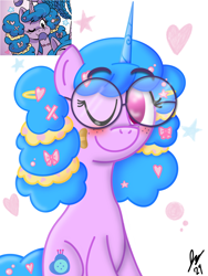 Size: 1620x2160 | Tagged: safe, artist:jesslmc16, izzy moonbow, unicorn, g5, idw, background, blushing, bow, bushy brows, bust, cute, digital art, female, freckles, glasses, hair bow, hairpin, heart, horn, izzybetes, lighting, poofy mane, portrait, procreate app, reference, round glasses, shading, signature, simple background, sitting, solo, thick eyebrows, white background
