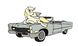 Size: 500x300 | Tagged: artist needed, safe, oc, oc only, oc:cadillac, pegasus, pony, /ptfg/, cadillac, car, chest fluff, explicit source, lidded eyes, male, on a car, open mouth, reclining, simple background, solo, stallion, story in the source, white background