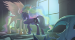 Size: 2611x1411 | Tagged: safe, artist:raylakm, princess celestia, princess luna, alicorn, pony, friendship is magic, g4, season 1, backlighting, belly, blue mane, blue tail, butt, castle of the royal pony sisters, commission, concave belly, crepuscular rays, crown, crying, digital art, dock, duo, duo female, emotional, ethereal mane, ethereal tail, eyes closed, feather, female, folded wings, gem, height difference, helmet, hoof shoes, horn, hug, indoors, jewelry, lighting, looking at each other, looking at someone, mare, missing accessory, peytral, plot, princess shoes, regalia, reunion, s1 luna, sad, scene interpretation, shading, sibling love, signature, sisterly love, slender, spread wings, sunlight, sunrise, tail, tall, tears of joy, teary eyes, thin, window, wings